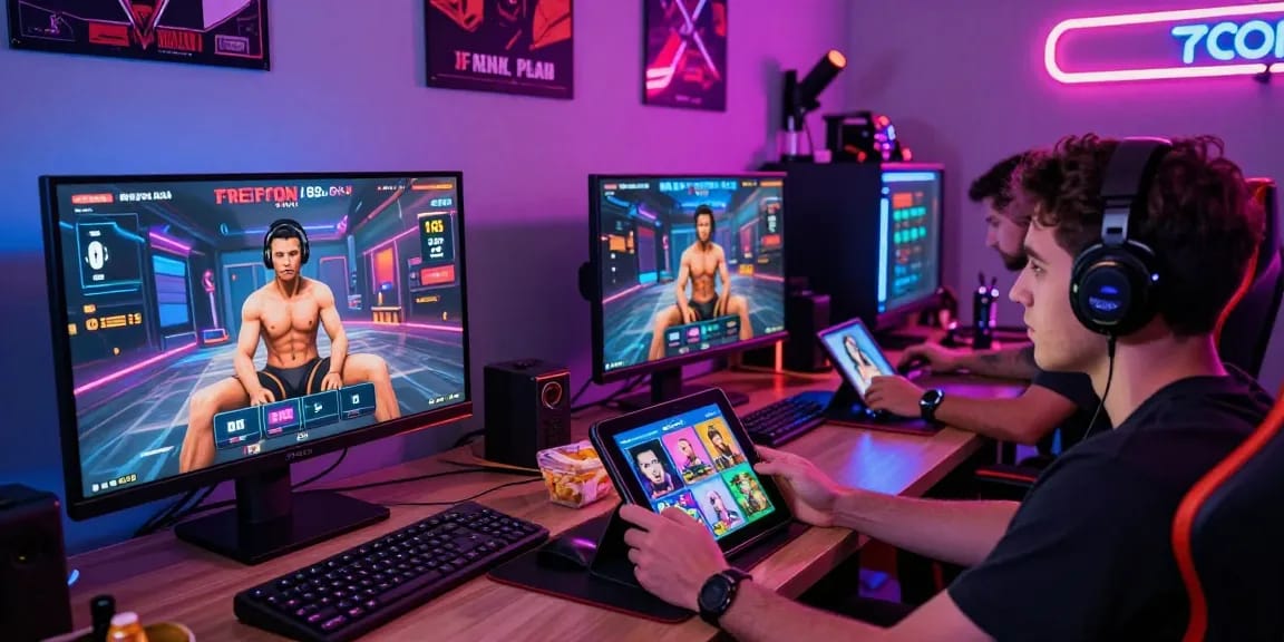 Engaging with free porn games in a vibrant gaming room, showcasing players on monitors and mobile devices.
