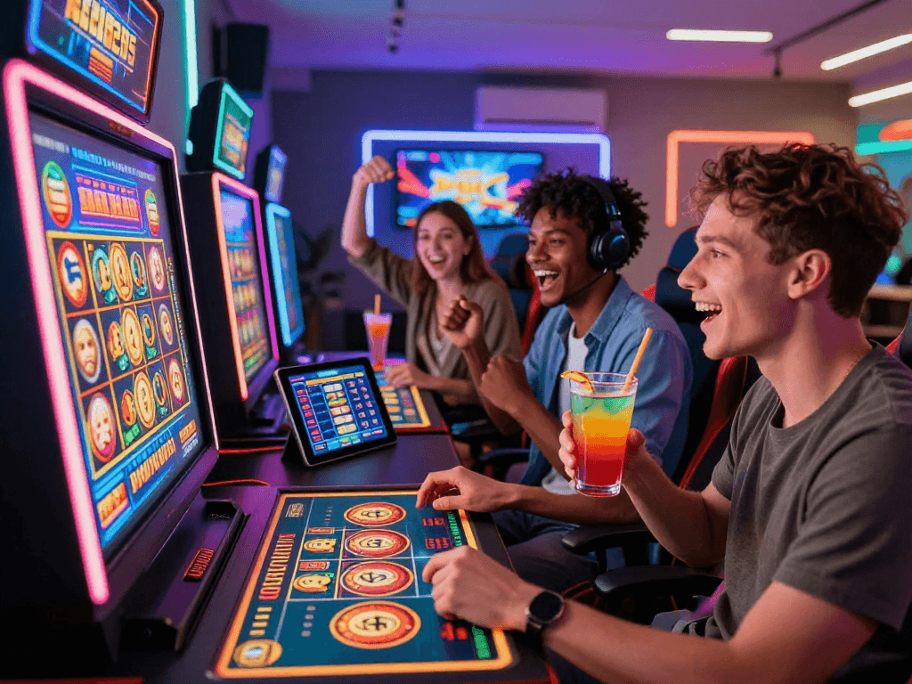 Exciting crypto casino gaming session with friends enjoying vibrant live games.