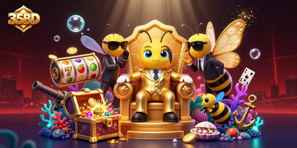 Experience the thrilling 35BD casino with animated characters and vibrant slot elements in a dynamic underwater scene.