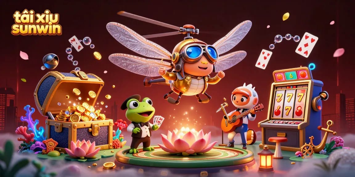 Tài xỉu sunwin players engage with a whimsical casino scene featuring a dragonfly pilot and frog croupier.