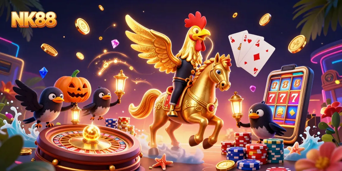 Win exciting jackpots at NK88 with a vivid illustration of animated games and characters in action.