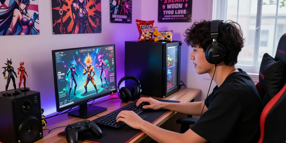 Engaging scene of a gamer immersed in mind control hentai gameplay, colorful graphics illuminating the space.