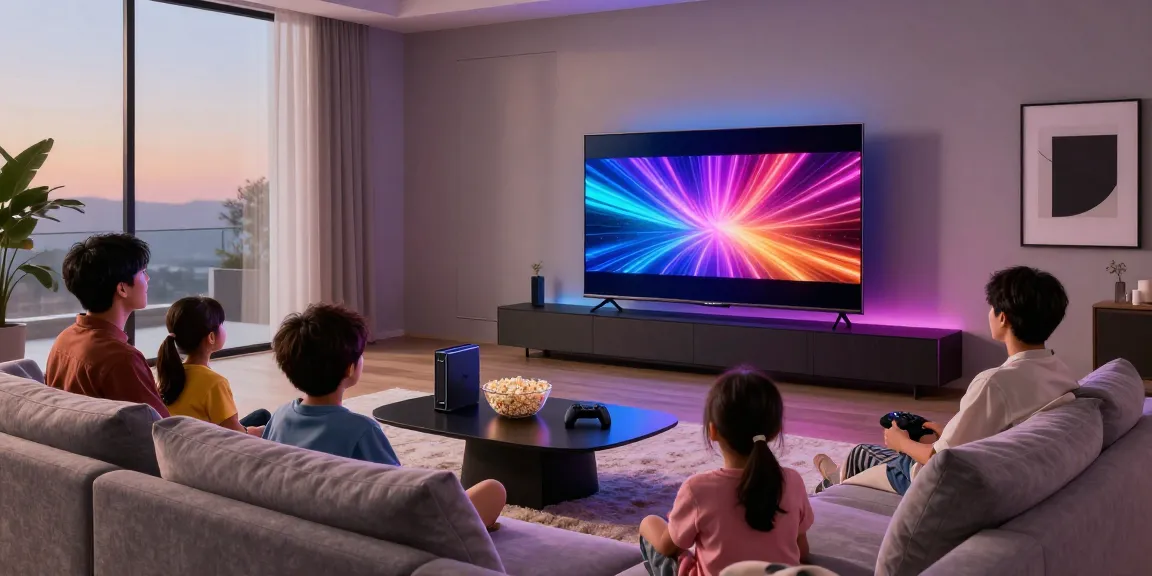 Family enjoying a movie on the stunning Samsung Micro RGB TV in a stylish living room with vibrant colors.
