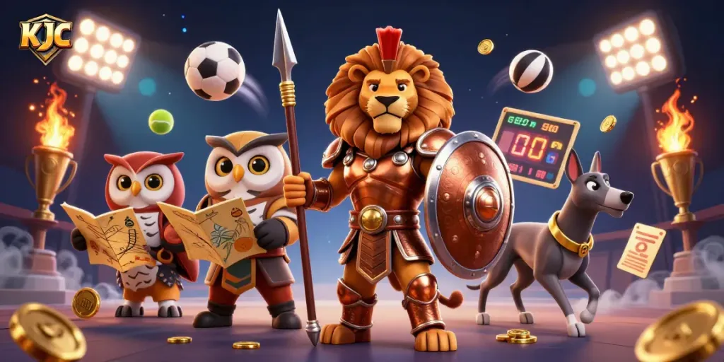 KJC sports betting scene featuring a Spartan lion, tactical owl, and greyhound amidst dynamic elements like trophies, betting slips, and sports balls.