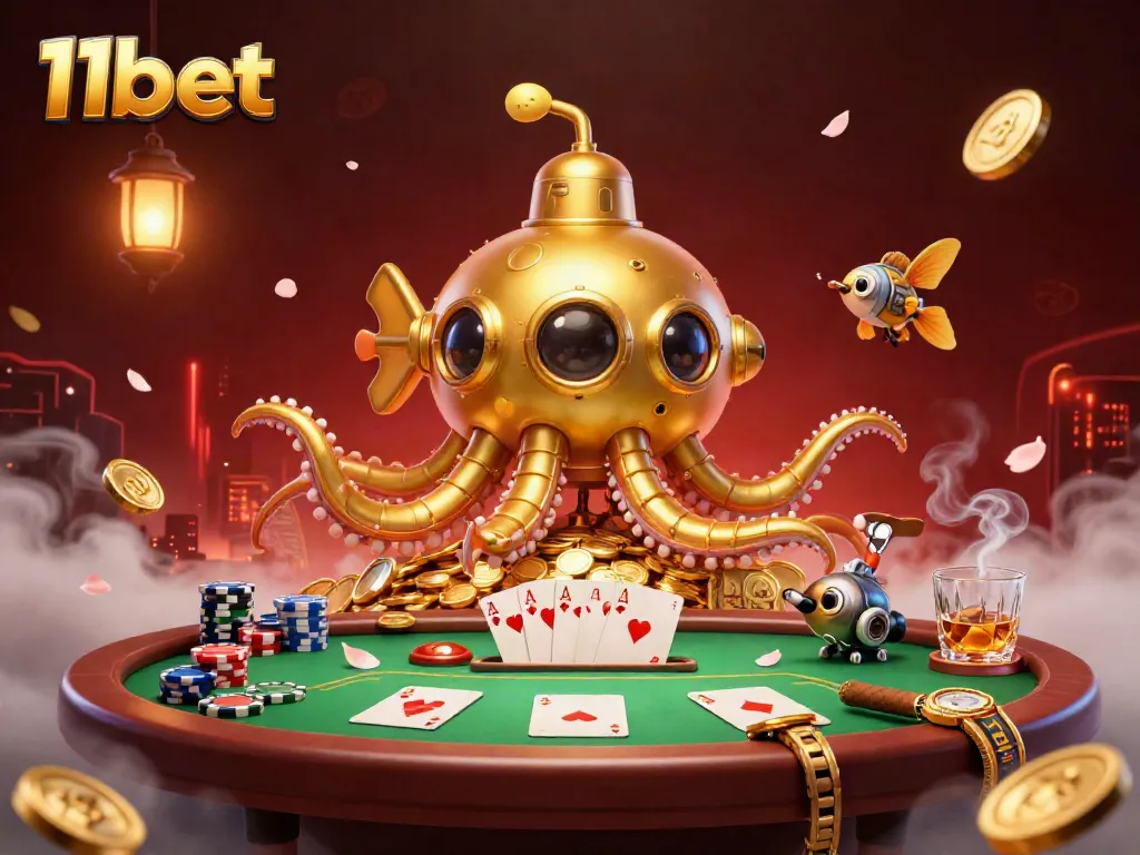 Experience a thrilling casino atmosphere with 11bet's vibrant 3D illustration of a golden kraken submarine amidst poker elements.