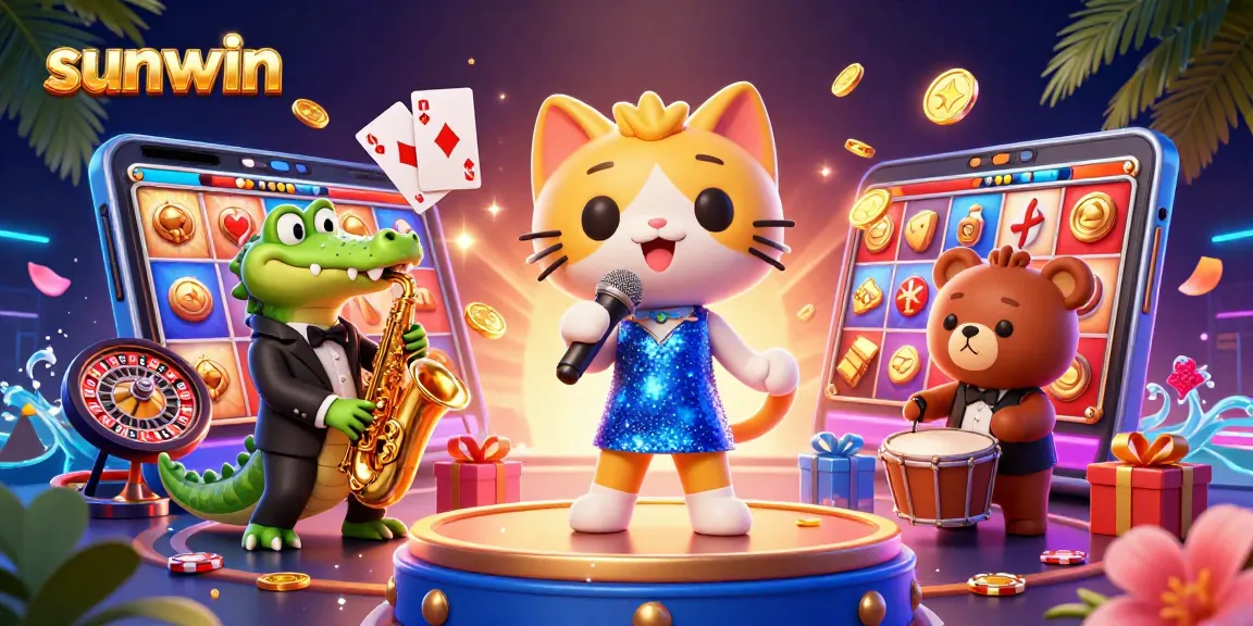 Spin to win with sunwin in a colorful and lively casino scene featuring jazz performers.