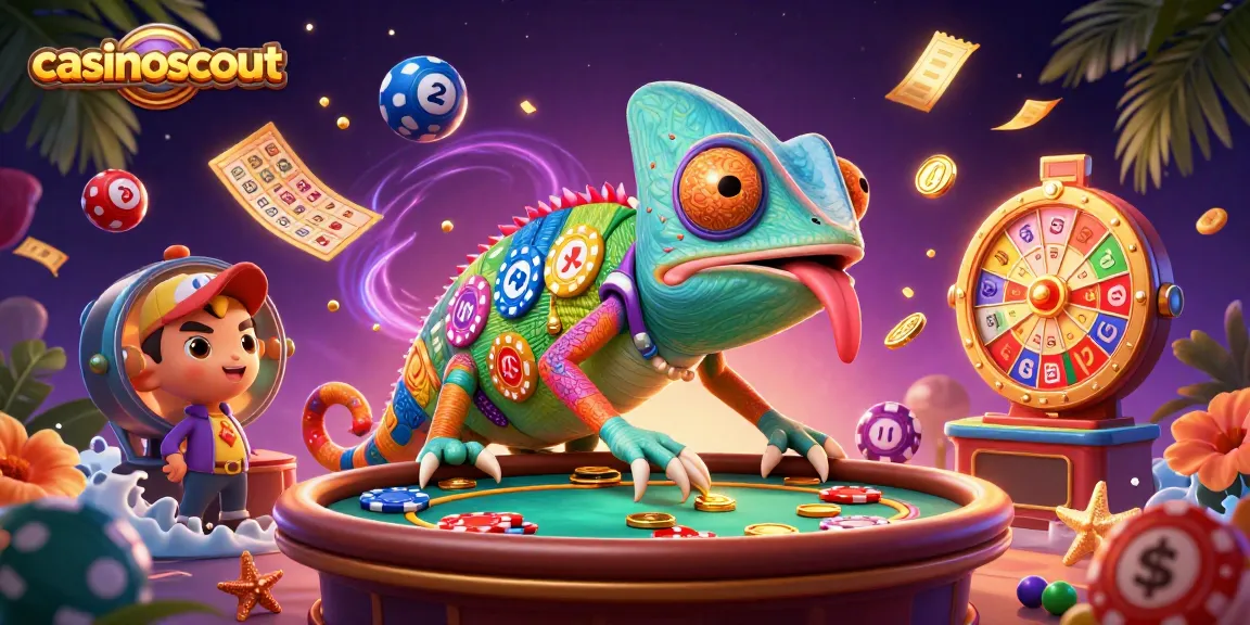 Engage with casinoscout in a vibrant casino scene featuring a chameleon casino owner and dynamic game elements.