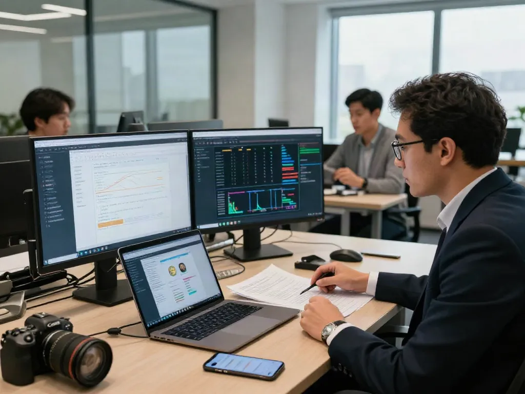 Investigator conducting a cryptocurrency fraud investigation with data analysis and blockchain technology in a modern office setting.