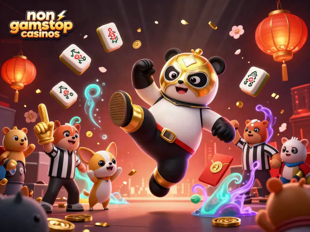 Dynamic illustration of non GamStop casinos with a panda wrestler and cheering animal crowd amidst a vibrant casino scene.