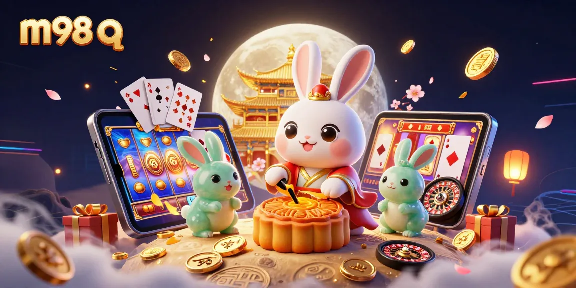 Engage with m98 q as a moon rabbit creates golden mooncakes revealing poker chips amidst vibrant gambling elements.