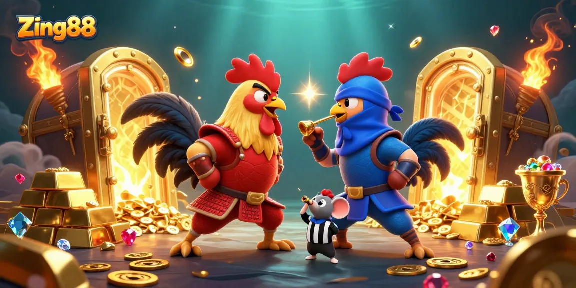 Experience exhilarating action with Zing88's dynamic rooster battle set against a backdrop of treasures.