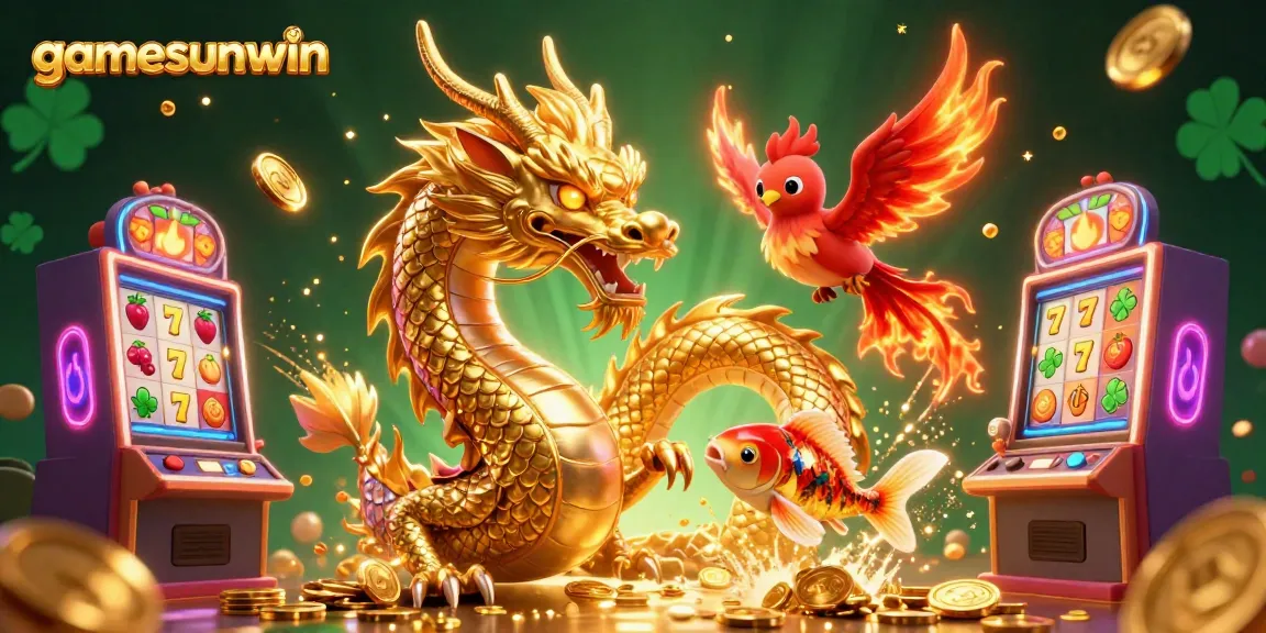 Join gamesunwin in the epic adventure of winning big with a vibrant dragon and phoenix!