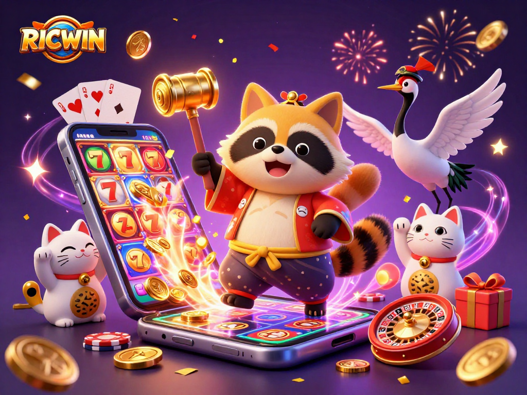 Experience RICWIN's vibrant slots with cheerful tanuki and festive elements in a colorful 3D illustration