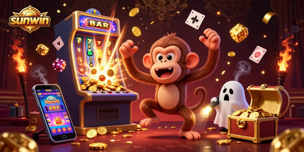 Experience thrilling gaming at sunwin with a playful poltergeist monkey and an adventurous ghost-hunter puppy in a luxurious casino.