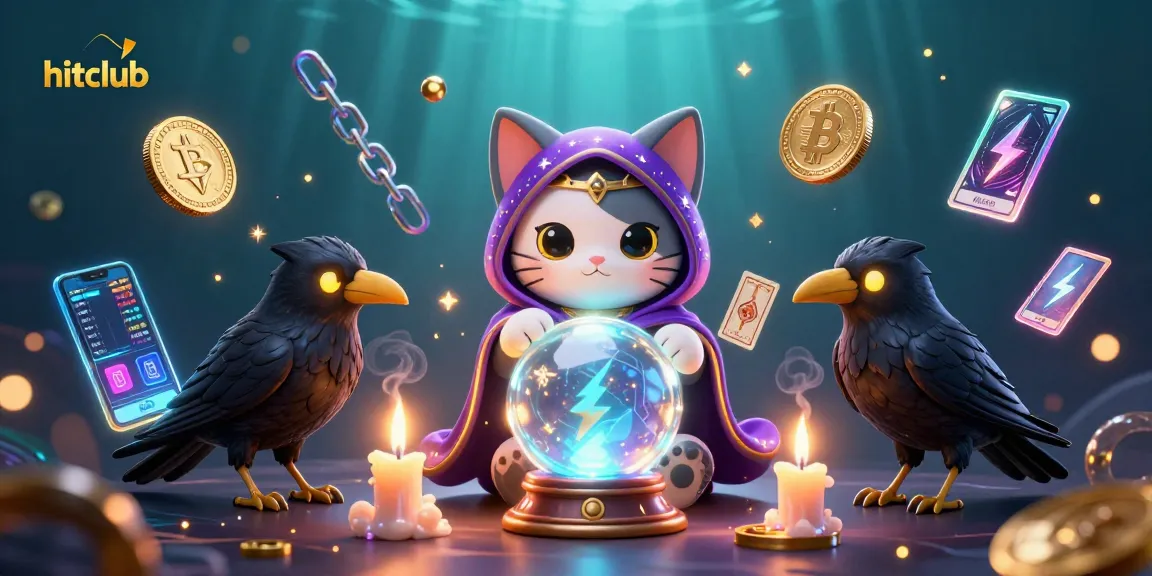 Hitclub features a mystical scene with a cartoon cat and raven amid vibrant casino elements.