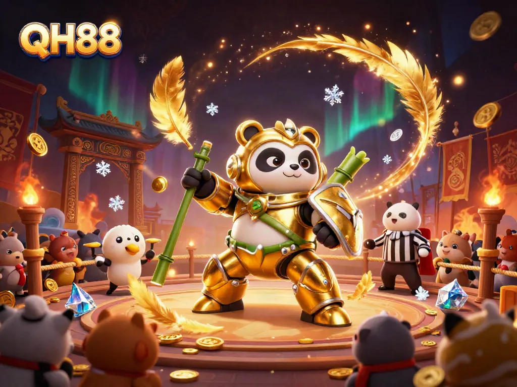 Witness QH88's thrilling arena with a golden panda robot amid dynamic casino games and vibrant colors.