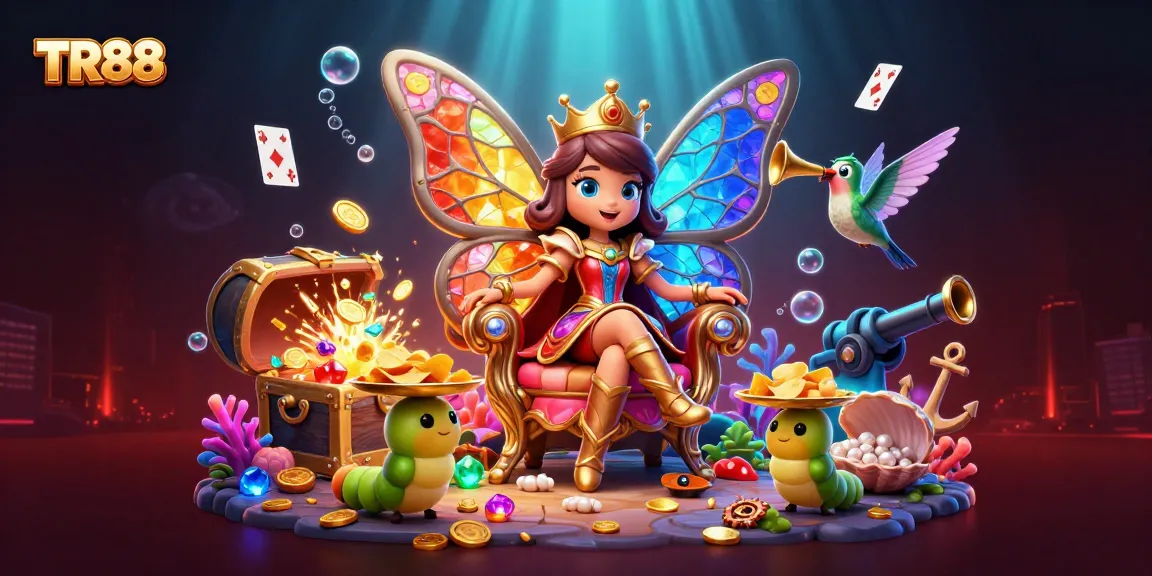 Immerse in the TR88 online casino experience with a vibrant 3D butterfly queen and treasure elements.