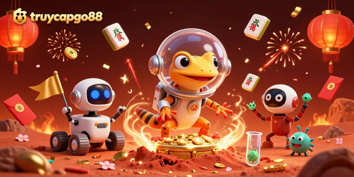 Experience the excitement of truycapgo88 with a Martian gecko exploring a golden casino, bursting with festive casino elements.