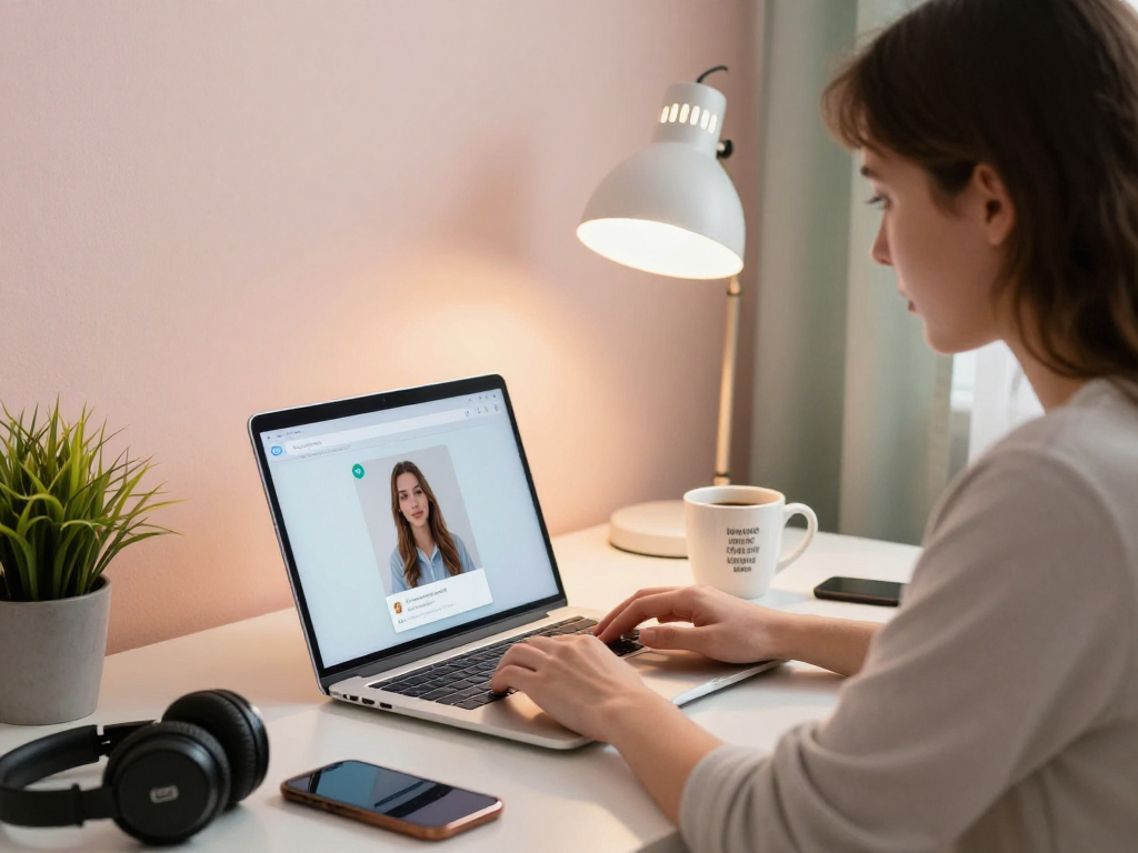 Engaging in a cozy home office chat using sex chat ai on a laptop.