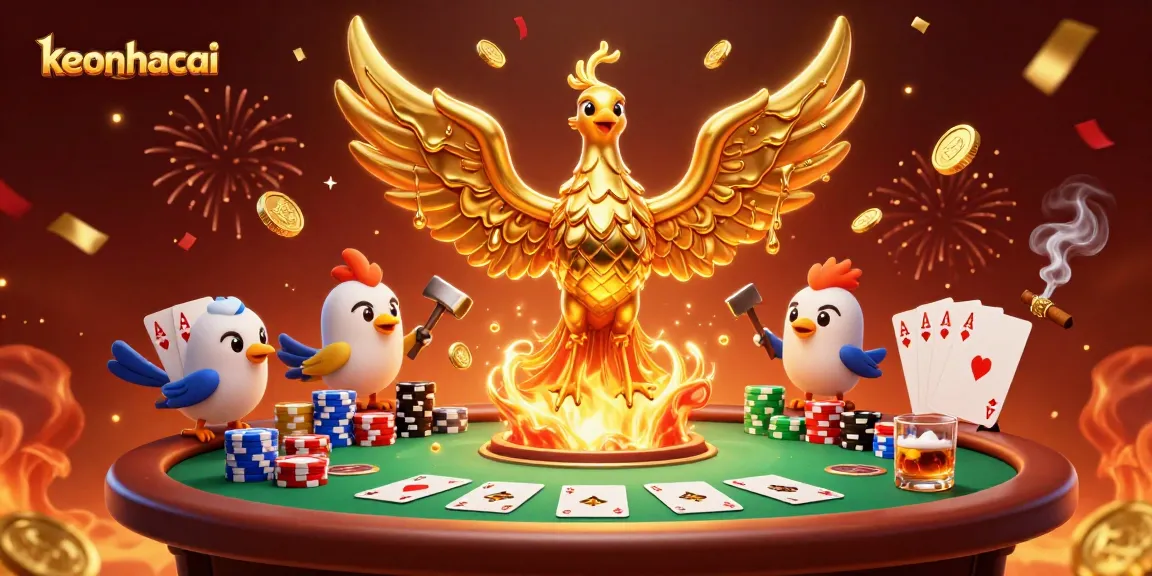 Engage with keonhacai as a golden phoenix rises, showcasing vibrant poker elements and dynamic gaming energy.