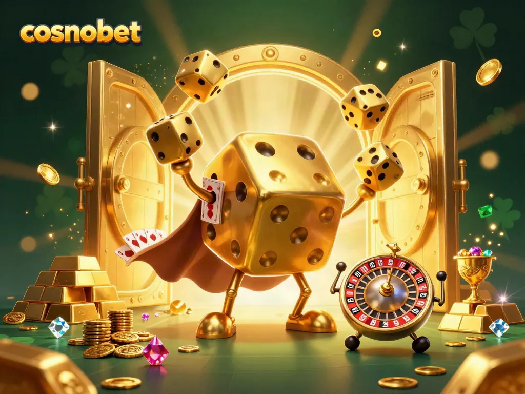 Engage with cosmobet's vibrant casino scene featuring golden dice and treasures.