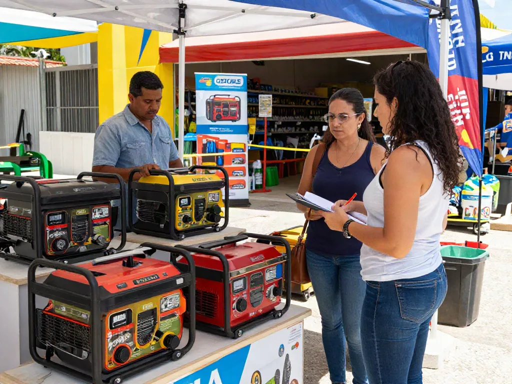 Plantas eléctricas Venezuela: Personas explorando generadores eléctricos en tienda al aire libre.