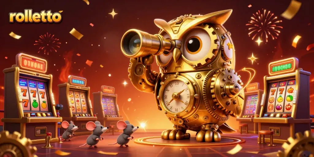 Experience rolletto's vibrant 3D scene with a golden owl, colorful casino symbols, and festive fireworks.