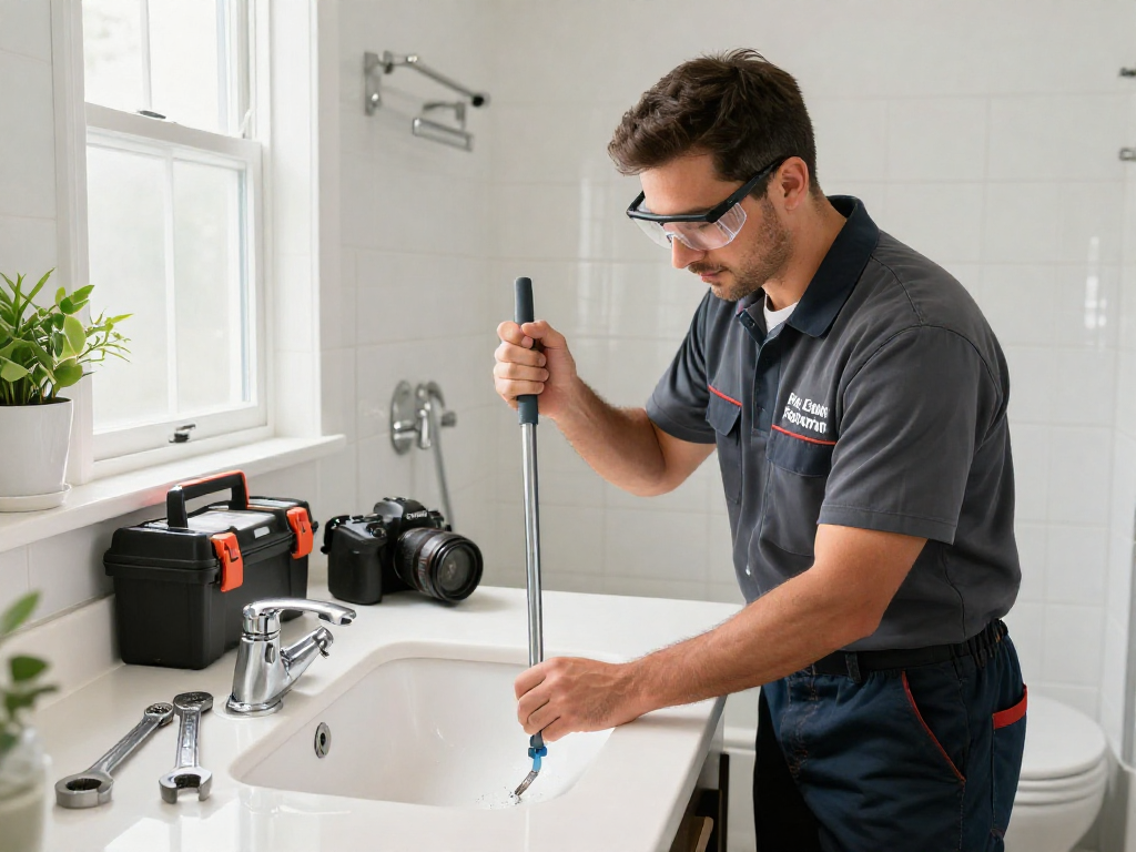 Dependable drain cleaning Fort Worth by a professional plumber in a bright bathroom.