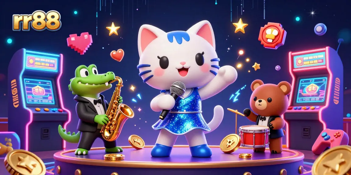 rr88 features a joyful casino scene with a singing cat, saxophonist crocodile, and drum-playing bear.