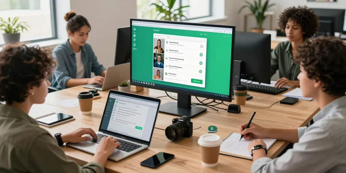 Team collaborating using WhatsApp網頁版 in a bright, modern workspace with laptops and technology for effective communication.