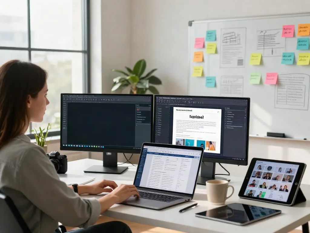 Professional scene of a content strategist updating a blog post in a modern office environment, showcasing collaboration and creativity.