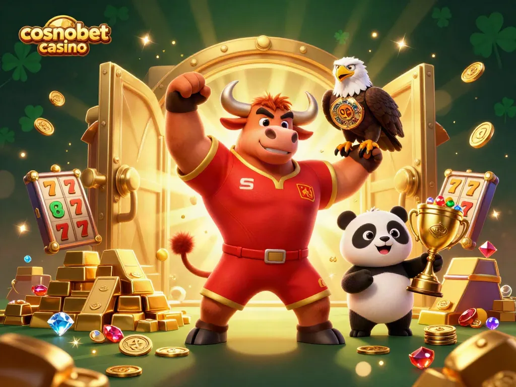 Experience the excitement of cosmobet casino with vibrant characters celebrating jackpots and trophies.