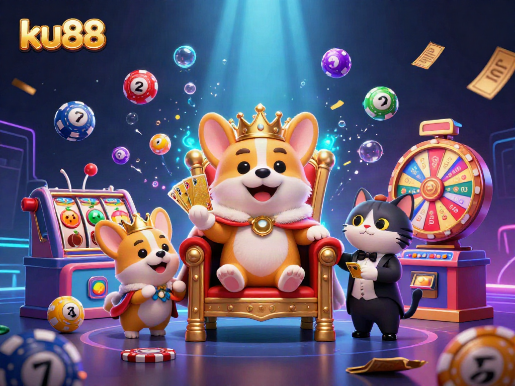 ku88 slot adventures with a royal corgi sitting on a throne of poker chips amidst vibrant gaming elements.