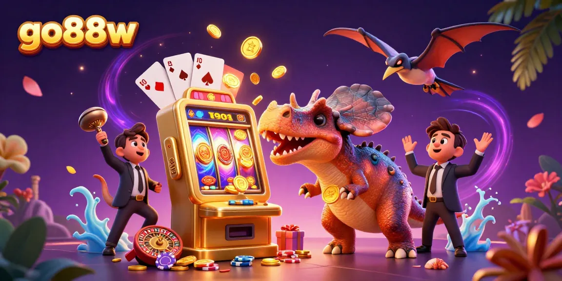 go88w: A pachycephalosaurus celebrates jackpot coins at a casino alongside dynamic game elements.