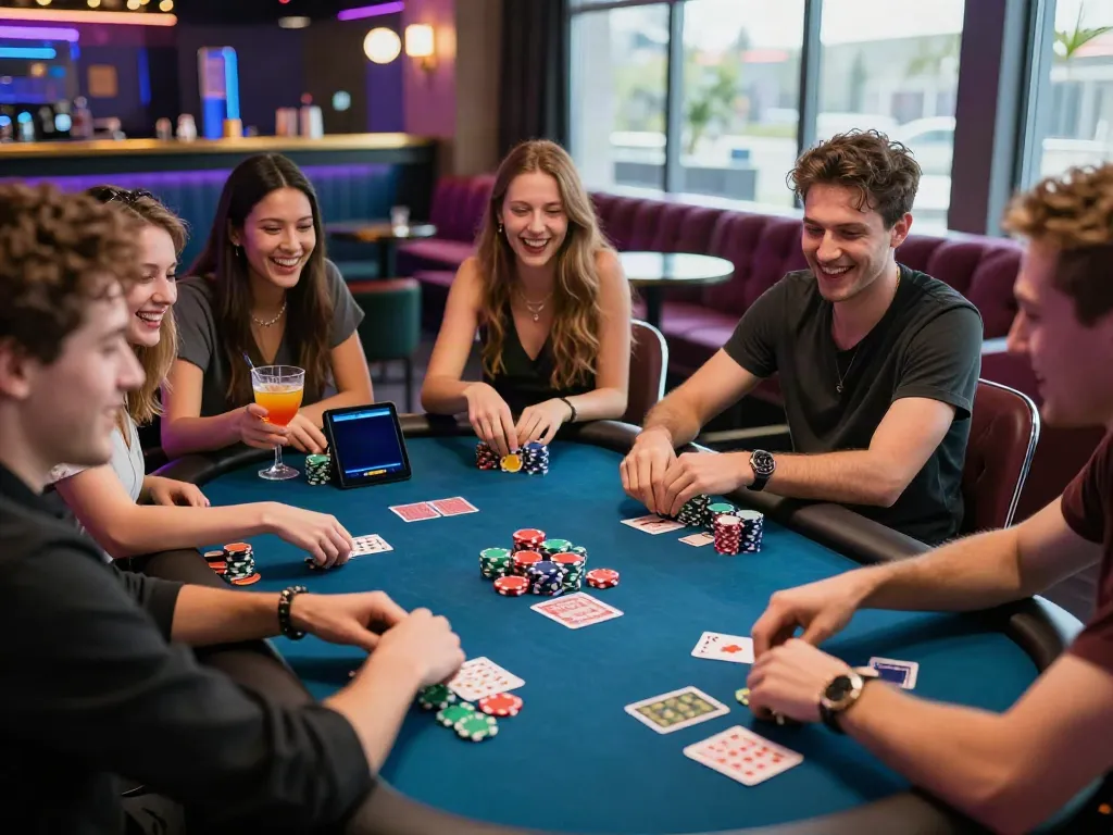 Group of friends enjoying a poker game with stats from http://11bet-app.net/ in a lively venue.