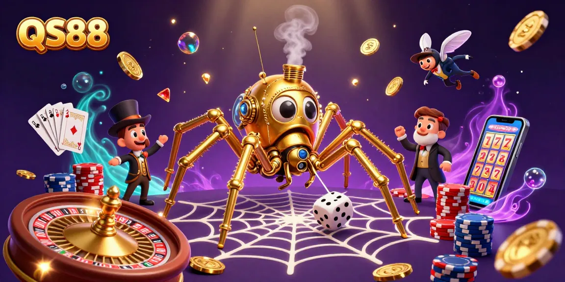 Experience thrilling gaming at QS88 with a vibrant steampunk spider, sparkling gems, and golden tokens.