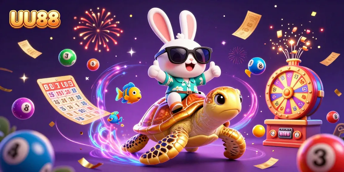 UU88 features a fun illustration with a lucky rabbit and golden turtle amidst colorful lottery elements.