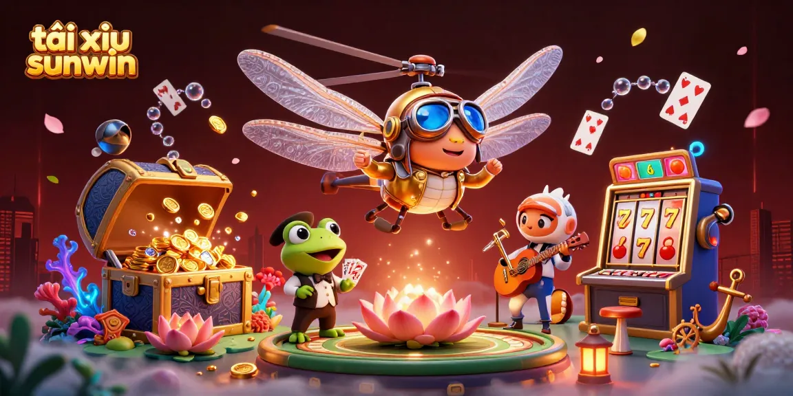Tài xỉu sunwin players engage with a whimsical casino scene featuring a dragonfly pilot and frog croupier.