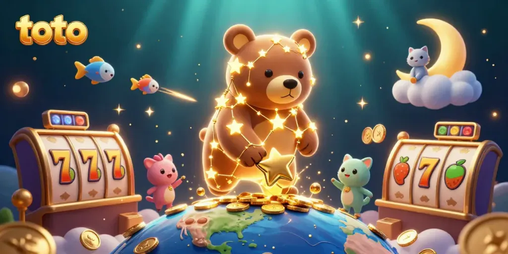Engage with toto-themed slots, featuring a constellation bear, coins, and vibrant casino elements.