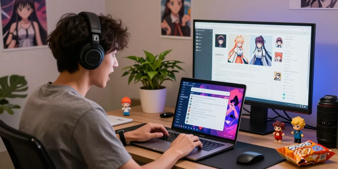 Engaging in free ai ecchi chat on a laptop in a cozy anime-themed home office.